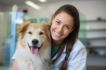 Vet in his office with pets. Veterinarian examining a small dog, in his office wearing a lab coat and stethoscope.