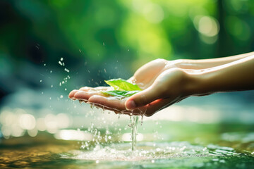 Water pouring in woman hand on nature background, environment concept. Washing leaves, vegetarian, vegan food. - obrazy, fototapety, plakaty