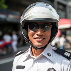 Fototapeta na wymiar bangkok closeup policeman face wwith helmet.
