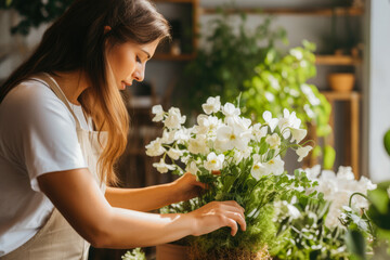 Florist female wearing apron in her small business shop, owner making bouquet with spring flowers for wedding.