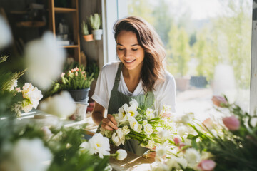 Florist female wearing apron in her small business shop, owner making bouquet with spring flowers for wedding.