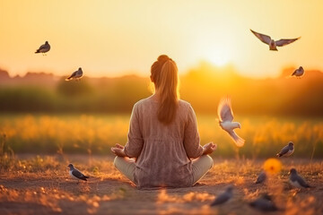 Woman praying and free bird enjoying nature on sunset background, hope concept. Yoga, meditation, nature, zen, mindfulness, praying. - obrazy, fototapety, plakaty