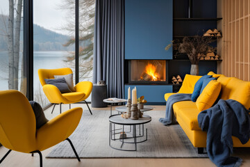 Yellow chair and blue sofa in room with fireplace. Scandinavian home interior design of modern living room in house by lake, autumn.