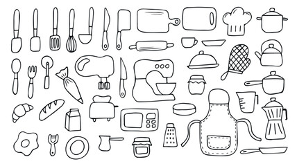  set of black line hand draw cooking doodle, baking and kitchen tools elements  - obrazy, fototapety, plakaty
