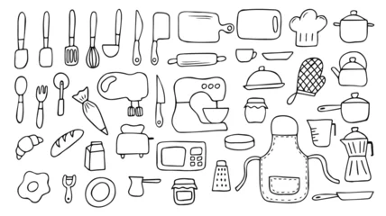Foto op Aluminium  set of black line hand draw cooking doodle, baking and kitchen tools elements  © Nastia