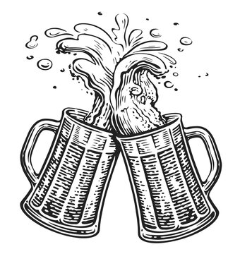 Two toasting beer mugs, Cheers. Oktoberfest, clinking glass tankards full of beer and splashed foam