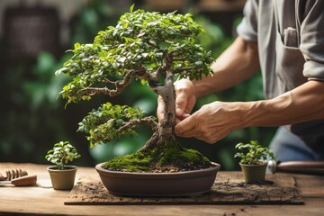 Hands pruning a bonsai tree on a work table. Gardening concept - obrazy, fototapety, plakaty