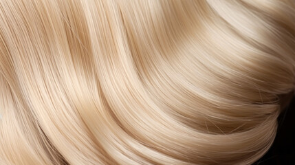 A close-up of luxuriant, glossy blonde curls in a stylishly waved 'do graces a background, with hair coloring and extension creating a hair styling masterpiece.