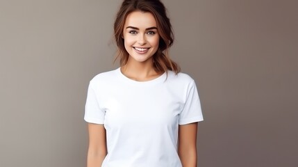 Fototapeta premium Handsome young white female wearing white blank cotton t-shirt with space for your logo or design, generative, generative ai, ai