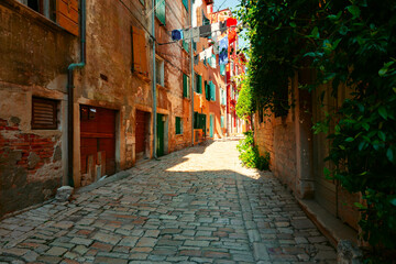 Street scene in old mediterranean town of Rovinj, Croatia. - 690341527