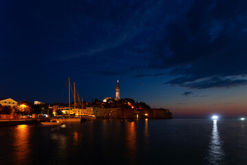 morning view of old  Rovinj town with multicolored buildings and yachts moored along embankment, Croatia. - 690341550