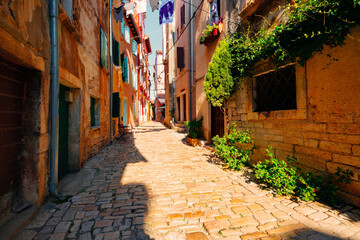 Street scene in old mediterranean town of Rovinj, Croatia. - 690341570