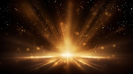 Obraz premium Spotlight with shiny light and particles. Glow backdrop design of spotlight and stage. Gold color rays.