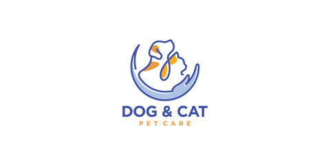 Dog and Cat Logo Design. Modern Pet Care Logo with Outline Lineart Minimalist Style. Icon Symbol Vector Design Template.
