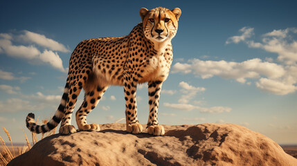 A cheetah stands on top of a large rock.