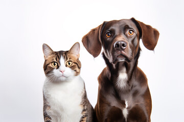 A canine and feline glance toward the lens against a pallid backdrop.