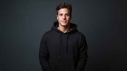 Fototapeta premium Handsome young white male wearing black blank cotton hoodie with space for your logo or design