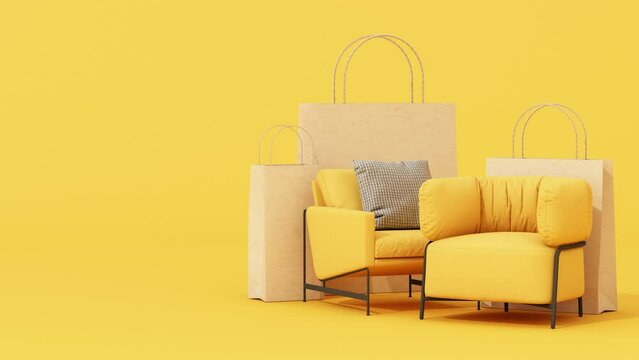 interior design concept sale discounts promotion of spinning furniture sofa, armchair. Surrounded by shopping bag and cardboard box with advertising spaces banner. yellow tone. 3d animation looping.