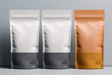 This vertical bag mockup offers a front, side and isometric perspective view, ideal for presenting coffee, food, pet supplies, and more with your own design. - obrazy, fototapety, plakaty