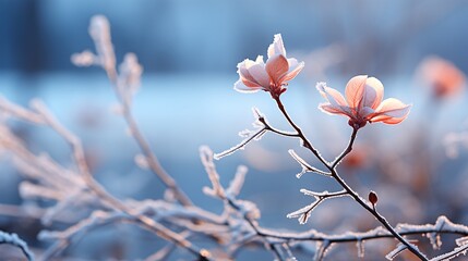 Wintry scenery with selective focus on a frozen flower. Winter landscape.