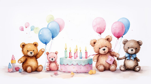 copy space, Girls Birthday Card with Cute birthday cakes, balloons, stuffed animals, girly birthday card. Template, mockup for girl birthday card or invitation card. Sweet design, girly fairytail birt