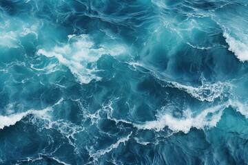 Aerial view to seething waves with foam, open sea from above, seething blue waves top shot ocean texture background image Generative AI