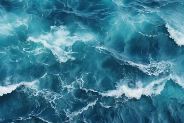 Fotobehang Aerial view to seething waves with foam, open sea from above, seething blue waves top shot ocean texture background image Generative AI © Iaroslav Lazunov