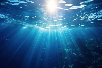Fototapeta premium Shining sun rays in sea underwater, flora and fauna of underwater world, water surface with sun glare and rays of light underwater background image Generative AI