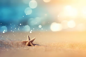 Foto op Plexiglas Starfish on sandy beach and sparkling blue sea with blurred bokeh lights background idyllic seascape natural composition, tourism banner Generative AI © Iaroslav Lazunov