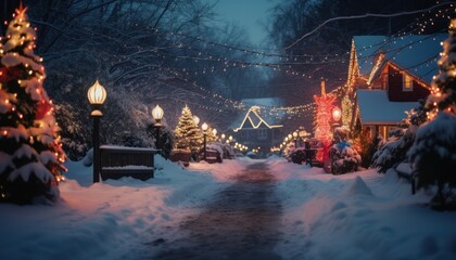 A Street Covered in Snow With Christmas Lights