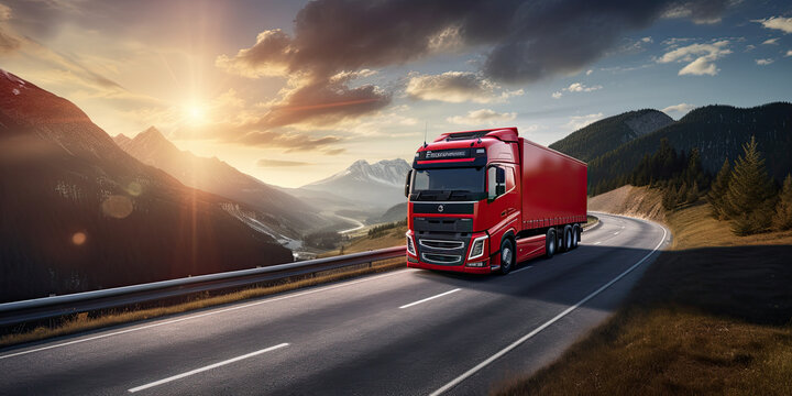 a nice illustration of a red truck on a cloudy mountain road, Ai Generative
