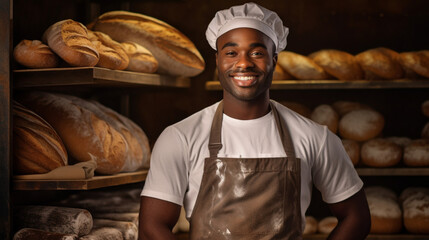 Photograph of a young African boy, smiling, wearing an apron, arms crossed in his bread business, bakery