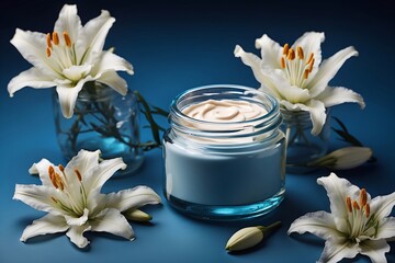 Cosmetic moisturizer with lily flowers on blue background. Copy space. Advertising banner. Natural skincare. Fresh lotion. Spa still life with white lily