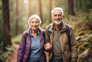 Old couple walking in forest nature and talk at sunset. Happy cute old family travelers. AI.