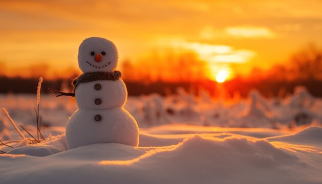 A Snowman Standing in the Snow at Sunset