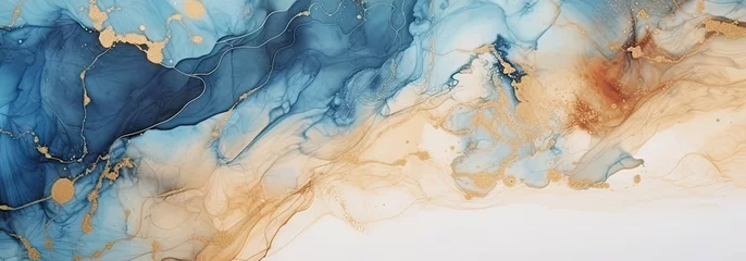 Fotobehang Marble ink abstract art background. Luxury abstract fluid art painting in alcohol ink technique, mixture of blue, orange and gold paints. AI generative © vejaa