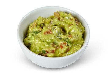 Fresh Chunky Guacamole in White Ceramic Bowl, Close-Up