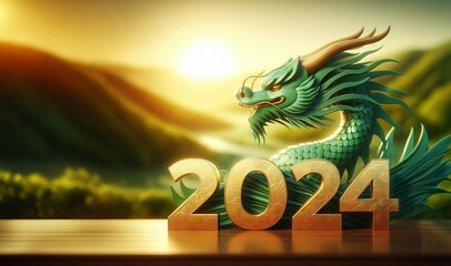 2024 Chinese new year, year of the dragon. Green wooden dragon and number, greeting card - obrazy, fototapety, plakaty