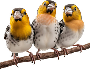 Fototapeta premium Picture of a three finches on a branch isolated on transparent background, png