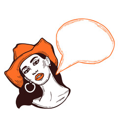 Beautiful young woman talk. Empty speech bubble for sale promotion, text background, quotes. Hand drawn illustration, cartoon comic style.