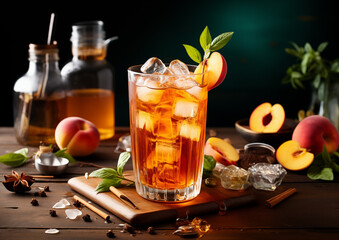 A comforting glass of peach iced tea, showcased at the center of a rustic, worn black wooden table.