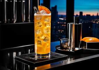 A Ginger Fizz mocktail, showcasing its fizzy character, centrally located on a sleek black countertop.