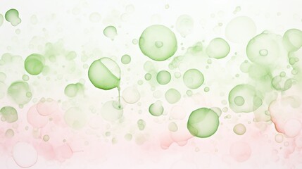 Green watercolor bubbles on a pink background. Abstract background on wet paper. Horizontal banner