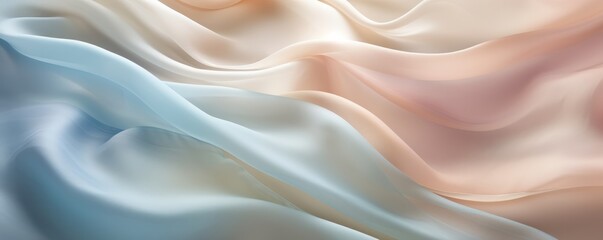 Obraz premium A background of crumpled delicate transparent fabric in warm pastel-colored blue, orange, and violet shades, gathered in waves. A sense of calm and elegance. elegant. Ultra-wide panoramic banner