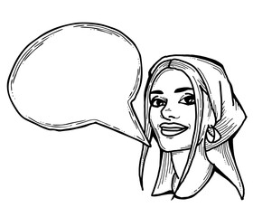 Beautiful young woman talk. Empty speech bubble for sale promotion, text background, quotes. Hand drawn illustration, cartoon comic style.