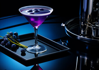 A Lavender Blueberry Mocktail, its elegant purple hue set against a dark, contemporary backdrop, exuding luxury and tranquility.