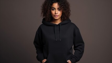 Handsome young black  female wearing black blank cotton hoodie with space for your logo or design generative ai - obrazy, fototapety, plakaty