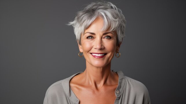  A Smiling Woman With Gray Hair And A Gray Cardigan Top And Gold Hoop Earrings On Her Left Ear And Her Right Hand On Her Chest, Looking To The Side.