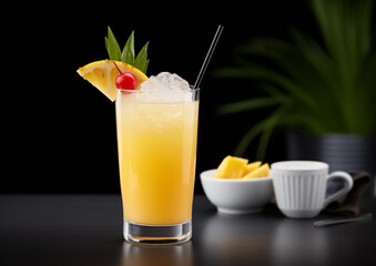 A Mango Tango mocktail, bursting with tropical colors, placed centrally on a matte black surface.