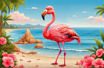 illustration of a pink flamingo on a background of blue sea. summer holiday concept